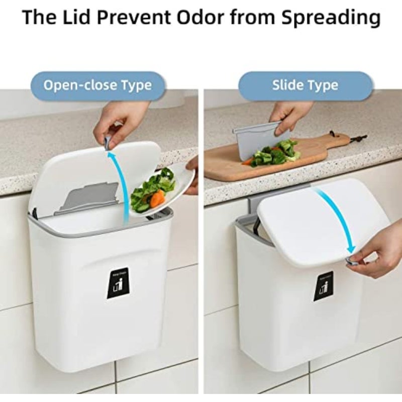 Kitchen Trash Can for Countertop or Under Sink, Mountable Indoor Composter, Hanging Small Trash Can with Lid for Cabinets/Bathroom/Bedroom/Office/Camping, 2.4 Gallon White - Image 3