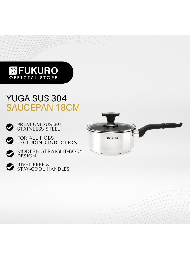 Fukuro Yuga 304 Stainless Steel Sauce Pan With Lid - 18cm - Image 2