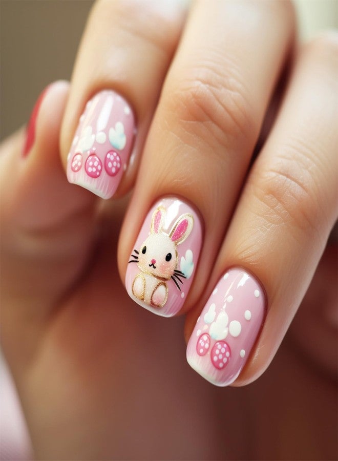 KKUUOO Easter Press on Nails Short Square Fake Nails Cute Bunny False Nails Easter Egg & Cloud Design Acrylic Nails Full Cover Glossy Stick on Nails for Women Girls Easter Nail Art Decoration 24Pcs - Image 1