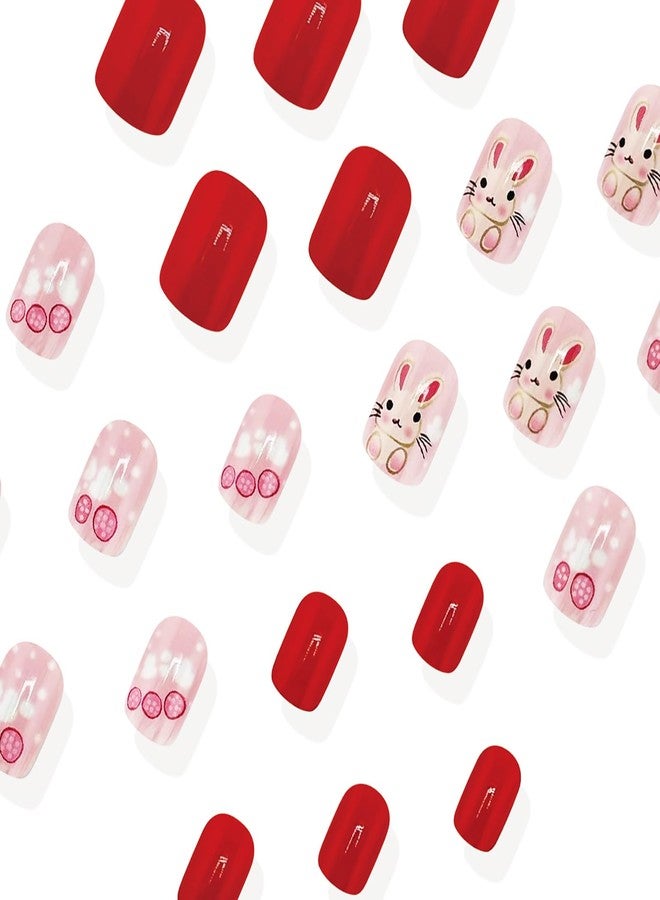 KKUUOO Easter Press on Nails Short Square Fake Nails Cute Bunny False Nails Easter Egg & Cloud Design Acrylic Nails Full Cover Glossy Stick on Nails for Women Girls Easter Nail Art Decoration 24Pcs - Image 3