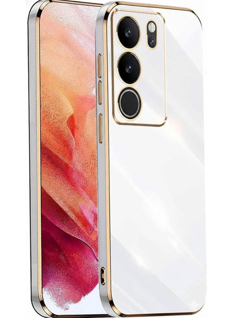 Compatible with Case for Vivo V29 5G, Gold Electroplating Edge Design TPU Silicone Protective Cover Case, White