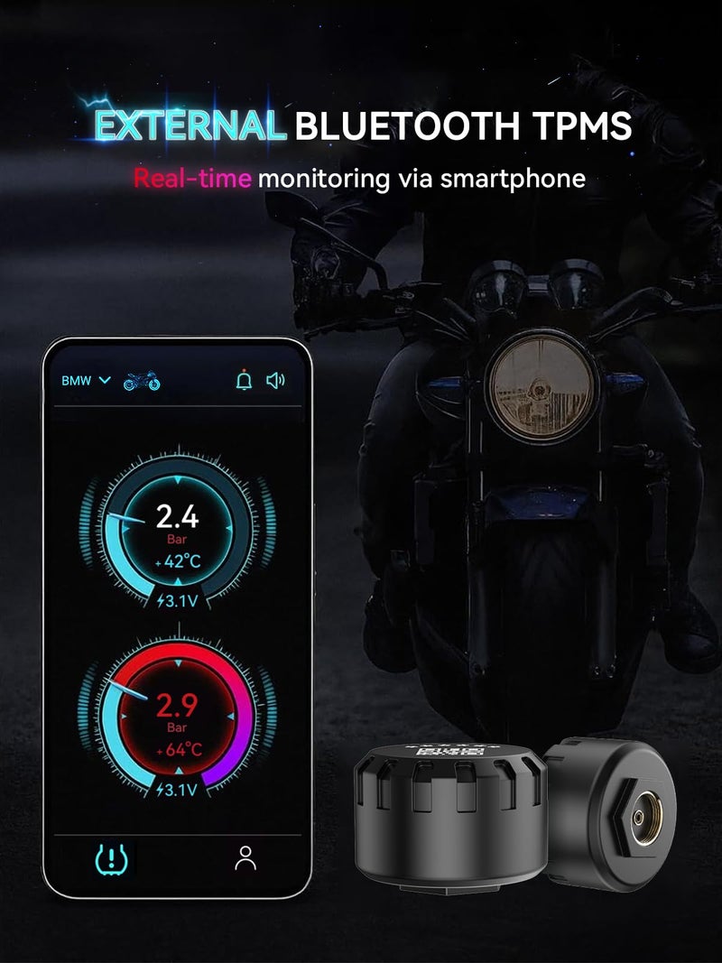 Hyphoon Motorcycle Tire Pressure Monitoring System, Bluetooth TPMS for Motorcycles â€“ Real-Time Tire Pressure & Temperature Monitor with Dual External Valve-Stem Sensors, Waterproof Wireless TPMS (2) - Image 3