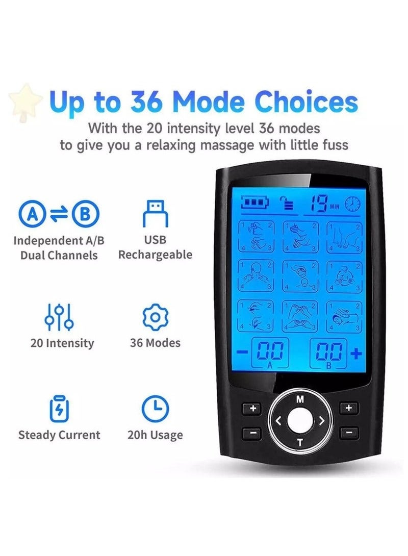Dual Channel TENS EMS MASS Unit 36 Modes Muscle Stimulator for Pain Relief Therapy, Electronic Pulse Massager Muscle Massager with 10 Pads, Dust-Proof Drawstring Storage Bag, Fastening Cable Ties - Image 4