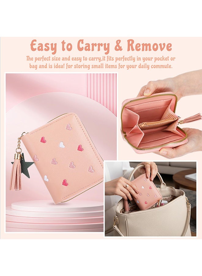 1 Pack Women's Small PU Leather Wallet Cute Tassel Zipper Star Pendant Embroidery Hearts Coins Pocket Waterproof Lightweight for Daily Use Party Travel Birthday Gift - Image 4