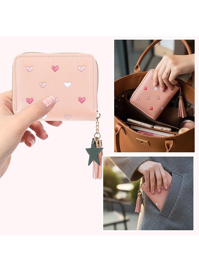 1 Pack Women's Small PU Leather Wallet Cute Tassel Zipper Star Pendant Embroidery Hearts Coins Pocket Waterproof Lightweight for Daily Use Party Travel Birthday Gift - Image 5