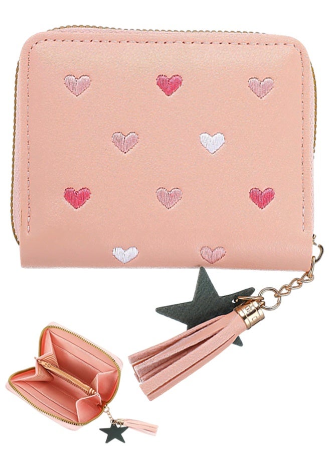 1 Pack Women's Small PU Leather Wallet Cute Tassel Zipper Star Pendant Embroidery Hearts Coins Pocket Waterproof Lightweight for Daily Use Party Travel Birthday Gift - Image 1