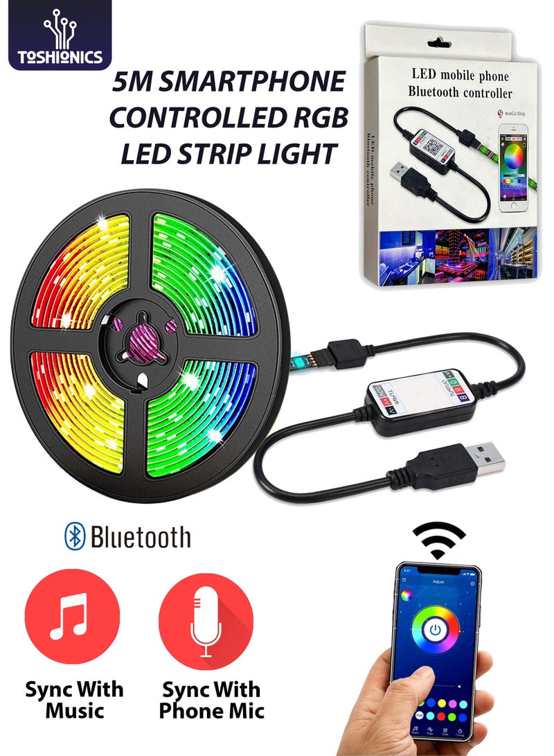 توشيونيكس شريط إضاءة LED ذكي مرن بطول 5 أمتار مزود بتقنية البلوتوث RGB ومزامنة الإضاءة الموسيقية للديكور المنزلي والمطبخ وغرفة النوم والسيارة والدراجة والفندق والبار الخارجي والحفلات والحديقة وديكور سطح المكتب والتحكم في تطبيق الهاتف المحمول ومنفذ USB - Image 1