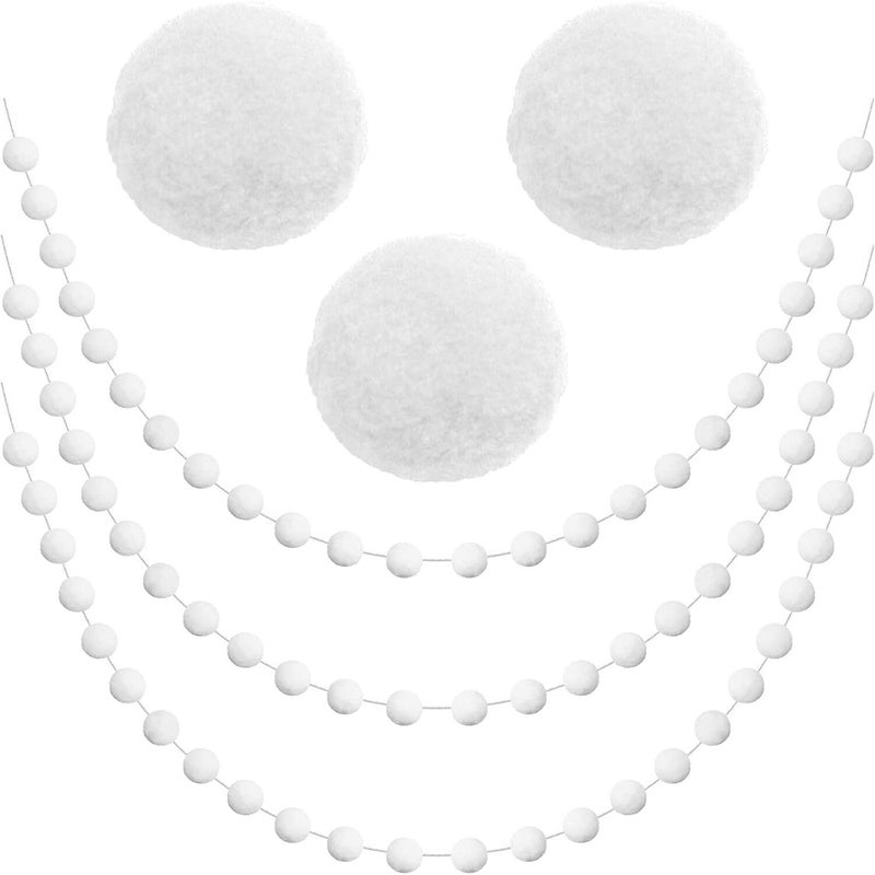 Jishi 3pk White Felt Pom Pom Garland Christmas Tree Decorations Indoor Home Decor Cute Winter Wonderland Snow Ball Ornaments Hanging String Pompom Snowball Beads Xmas Holiday Birthday Party Banners