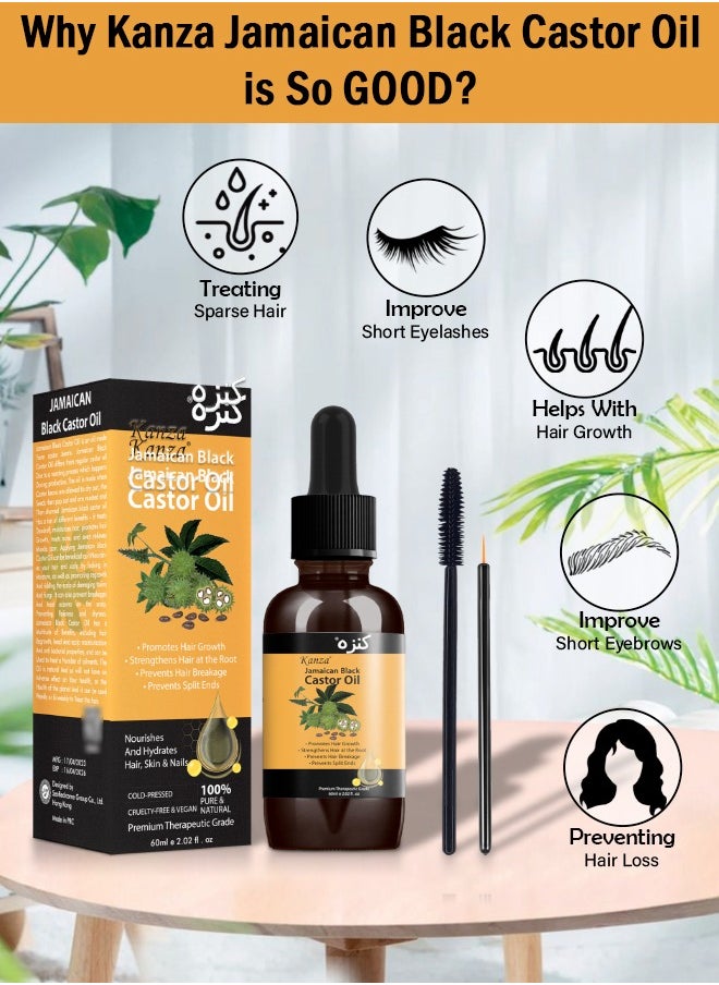 Kanza - 60ml Organic Castor Oil with Hair Scalp Massager Brush Natural Hair Growth Oil Jamaican Black Castor Oil Cold Pressed Skin Conditioning Oil Hair Eyelash Growth Scalp Nourish Oil - Image 1