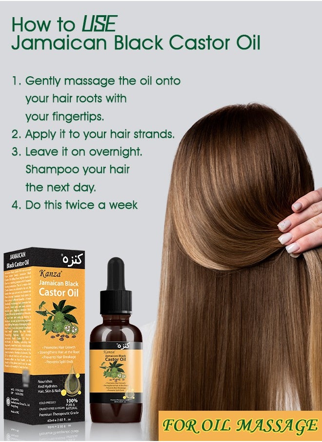 Kanza - 60ml Organic Castor Oil with Hair Scalp Massager Brush Natural Hair Growth Oil Jamaican Black Castor Oil Cold Pressed Skin Conditioning Oil Hair Eyelash Growth Scalp Nourish Oil - Image 1