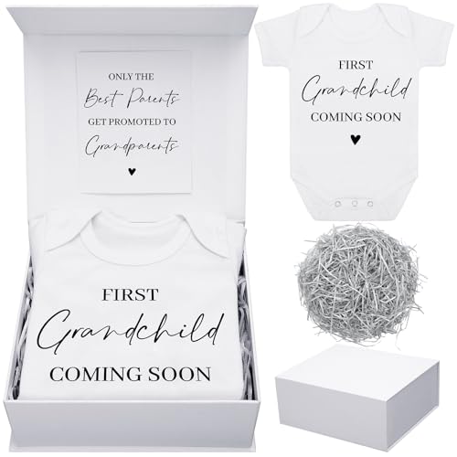 Shyyween 4 Pcs Pregnancy Announcement for Grandparents, First Grandchild Coming Soon Baby Bodysuit, Grandparents Pregnancy Reveal Card Baby Reveal Gift Box Baby Announcement Gifts Set for Grandparents - Image 1