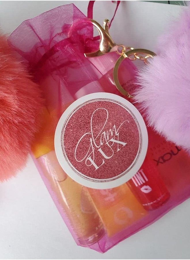 Glam Lux mystery bundle lip loss set of 4 lip gloss, lip stains, lippies, lipstick, lip polish girls/women lip gloss gift sets & pompom keychain  - Image 1