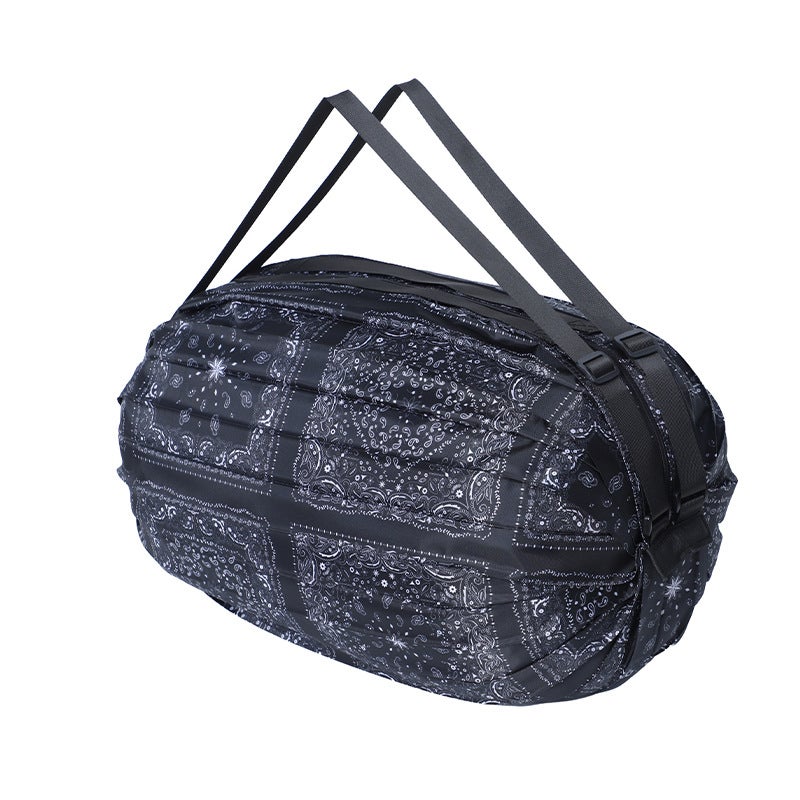 Waterproof Nylon Travel Single Shoulder Bag Quick Folding Portable Shopping Bag Large Storage For Groceries Black pattern 