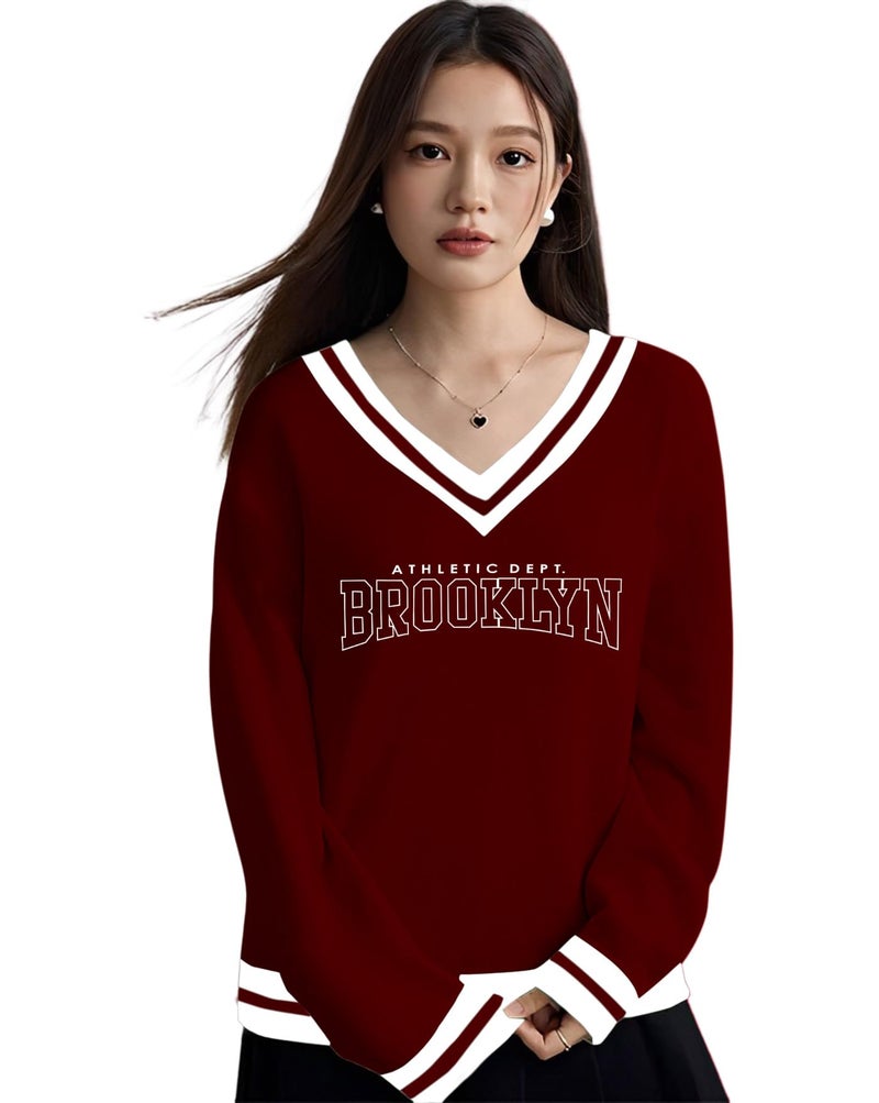 AUSK Women Tshirt || Full Sleeve Printed V Neck T-Shirt for Womens (Color-Maroon) - Image 1