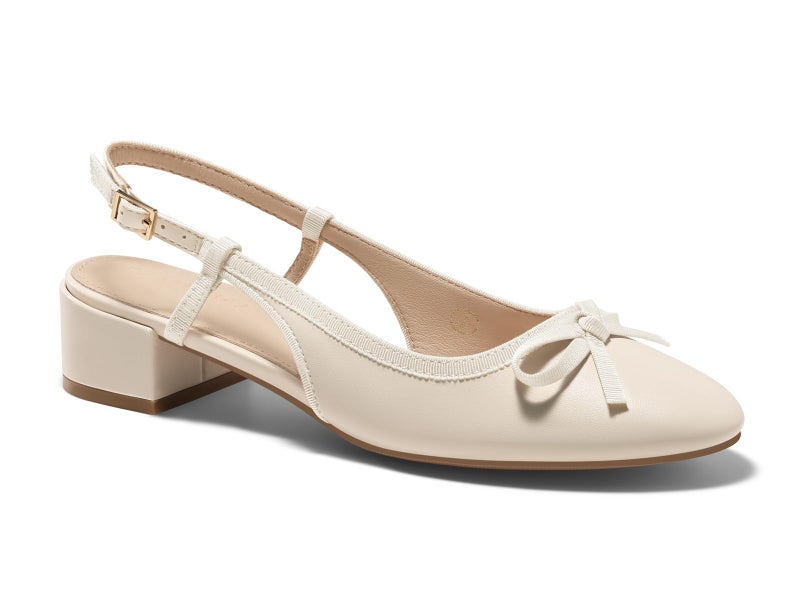 Coutgo Womens Chunky Low Heels Slingback Ballet Bow Pumps Closed Toe Wedding Dress Shoes, Beige, Size 6 - Image 1