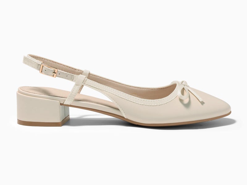 Coutgo Womens Chunky Low Heels Slingback Ballet Bow Pumps Closed Toe Wedding Dress Shoes, Beige, Size 6 - Image 4