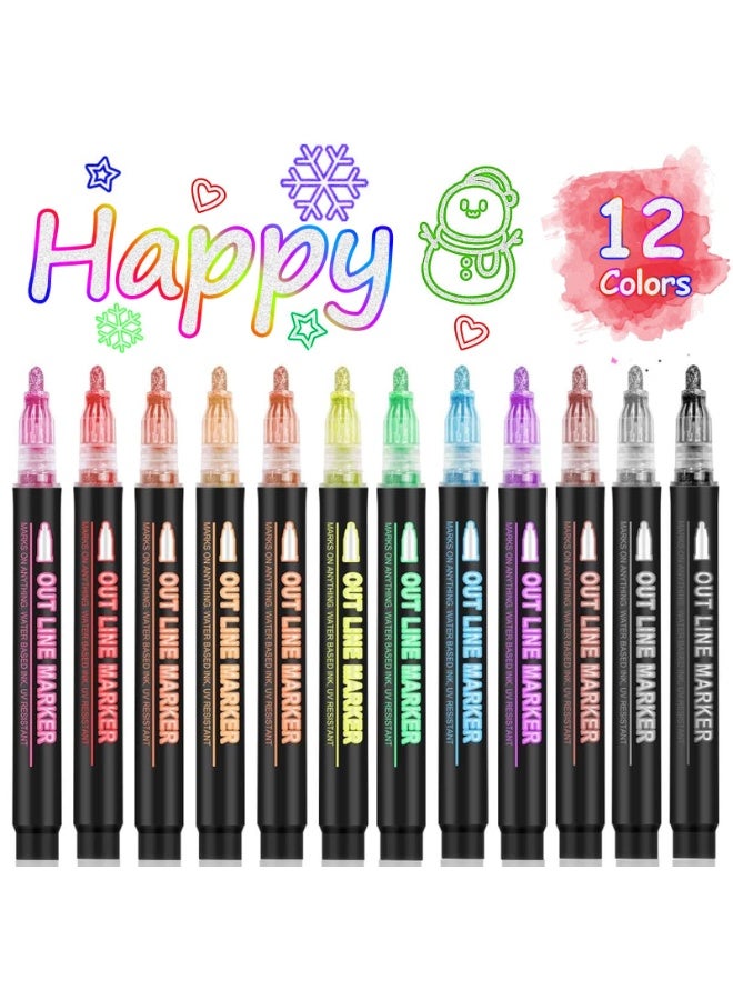 Double Line Outline Markers 12 Colors Super Squiggles Glitter Self Outline Metallic, Doodle Shimmer Drawing Pens for Christmas Greeting Card, Birthday Gift, DIY Art Crafts - Image 1