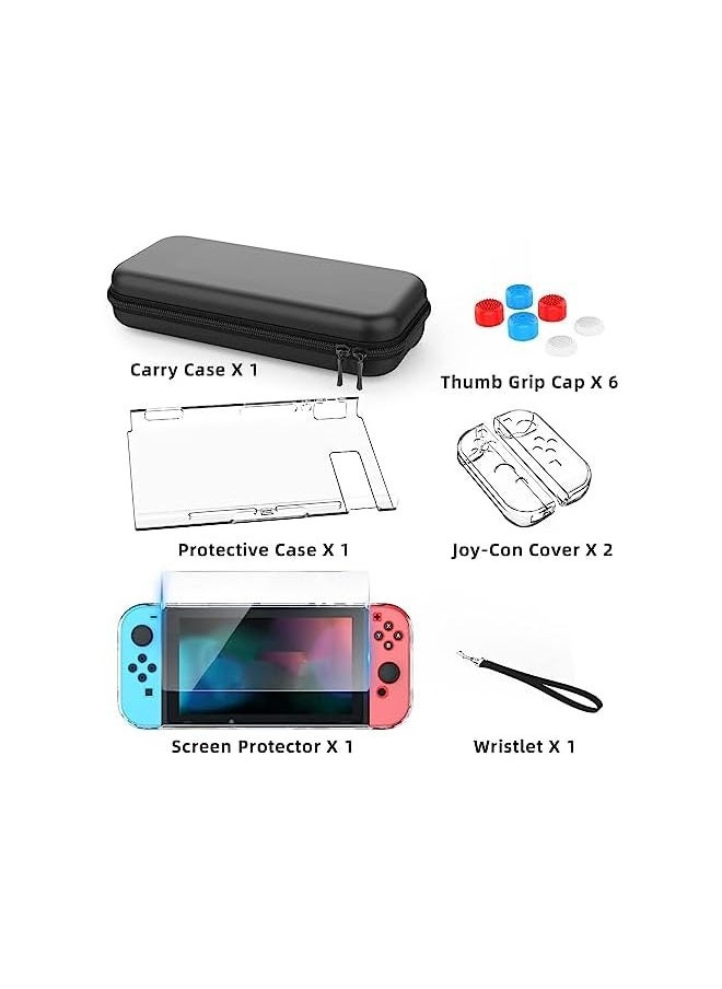 PROMASS - Switch Case Compatible with Nintendo Switch, 9 in 1 Accessories kit with Carrying Case, Dockable Protective Case, HD Screen Protector and 6pcs Thumb Grips Caps - Image 1