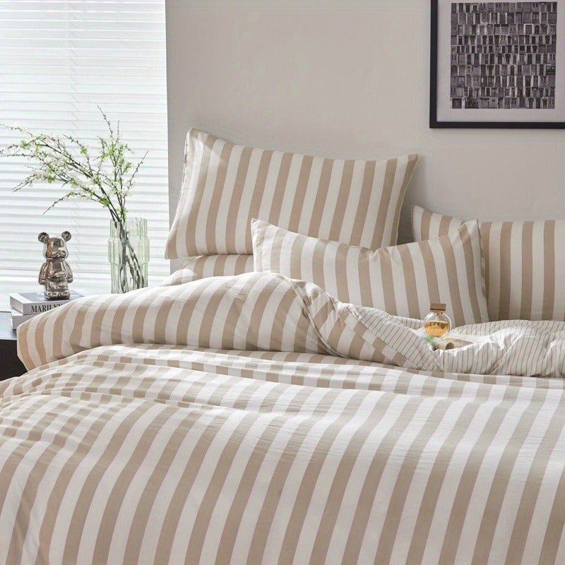 Milk Coffee Plaid + Colorful Floral Pattern, Cute Style, Washed Finish, Soft and Skin-friendly, 3pcs Duvet Cover Set (1 Duvet Cover + 2 Pillowcases). Breathable, Soft Machine-washable Synthetic Fiber, Suitable for All Seasons. Duvet Insert and Pillow - Image 3