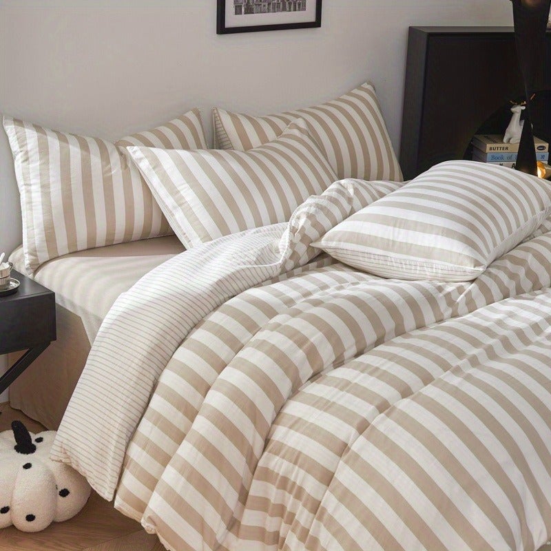 Milk Coffee Plaid + Colorful Floral Pattern, Cute Style, Washed Finish, Soft and Skin-friendly, 3pcs Duvet Cover Set (1 Duvet Cover + 2 Pillowcases). Breathable, Soft Machine-washable Synthetic Fiber, Suitable for All Seasons. Duvet Insert and Pillow - Image 1