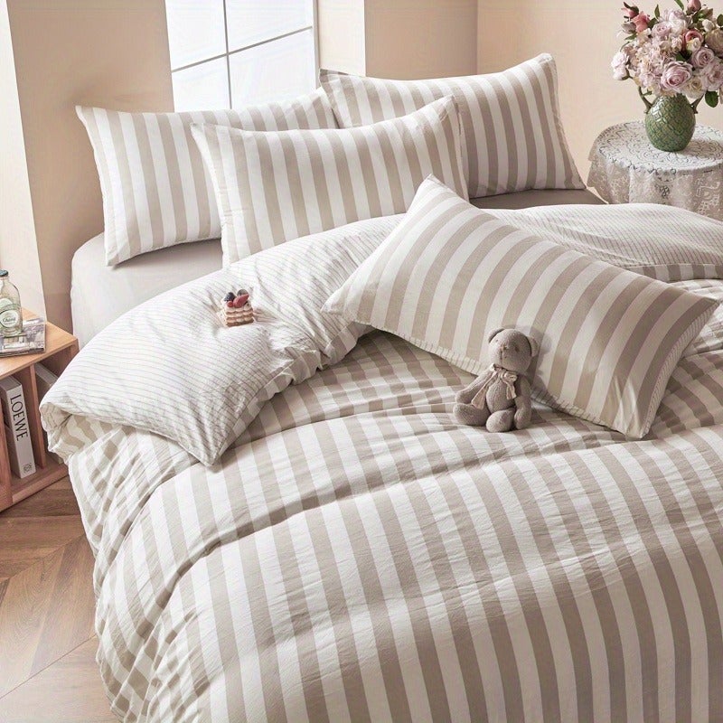 Milk Coffee Plaid + Colorful Floral Pattern, Cute Style, Washed Finish, Soft and Skin-friendly, 3pcs Duvet Cover Set (1 Duvet Cover + 2 Pillowcases). Breathable, Soft Machine-washable Synthetic Fiber, Suitable for All Seasons. Duvet Insert and Pillow - Image 2