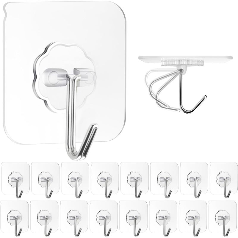 ZESLMG Adhesive Wall Hooks for Hanging, 16 Pack Self Sticky Hooks Heavy Duty 22lb Clear, Removable Shower Hook No Damage for Towel Key Coat Wreath Picture Outdoor Ceiling Bathroom Kitchen, Waterproof - Image 1