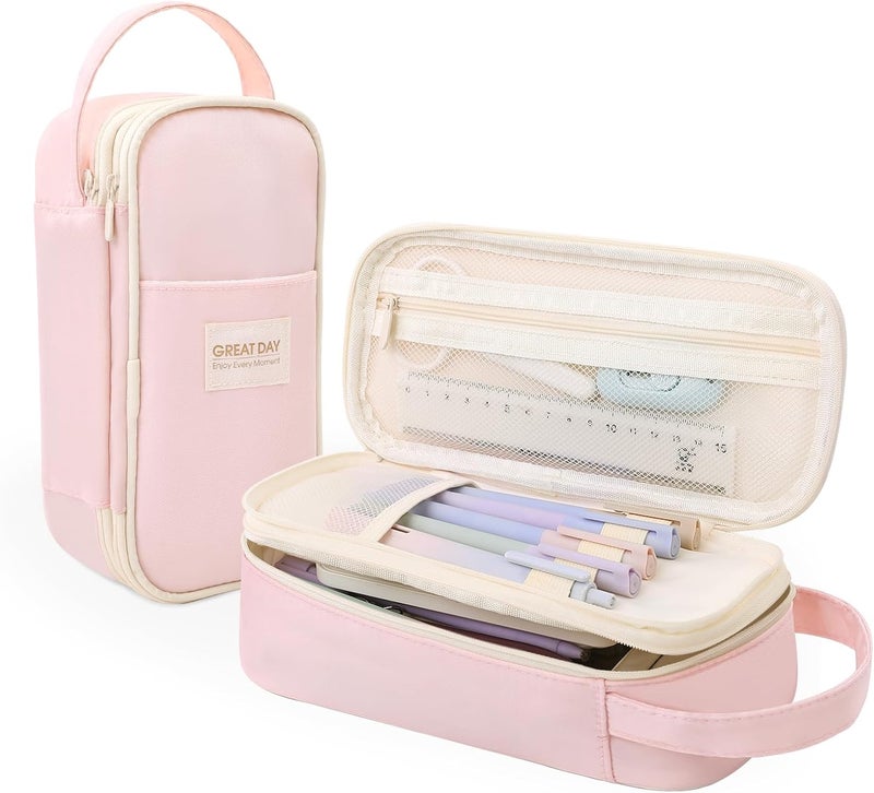 Large Capacity Pencil Case Pouch, Pen Bag for School Teen Pink - Image 1