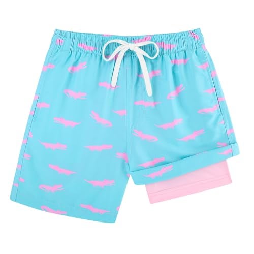 Cozople Crocodile Swim Shorts with Boxer Brief Liner Bright Blue Swimming Trunk Compression Quick Dry Swimwear Anti Chafe Stretchy Boardshorts Size 10-12 - Image 1