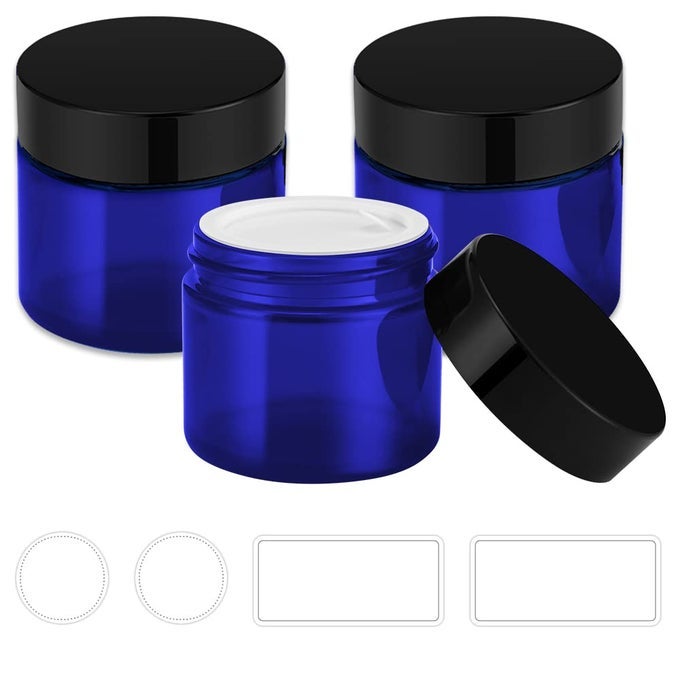 2 OZ BLUE GLASS JARS WITH LIDS 3 PACK SMALL JARS WITH WHITE LABELS INNER LINERS 60 ML EMPTY ROUND COSMETIC CONTAINERS FOR SAMPLE POWDER CREAM LOTION SPICE