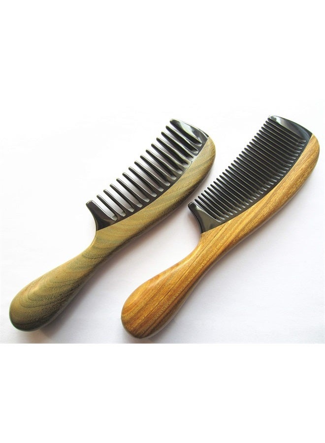 Myhsmooth GBZBYBMT Handmade No Static Black Buffalo Horn Comb with Rounded Green Sandalwood Handle (Pack of 2 Pcs:Wide Tooth and Standard Tooth) - Image 1