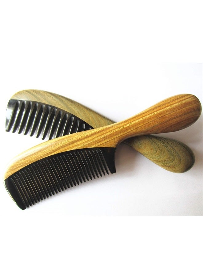 Myhsmooth GBZBYBMT Handmade No Static Black Buffalo Horn Comb with Rounded Green Sandalwood Handle (Pack of 2 Pcs:Wide Tooth and Standard Tooth) - Image 5