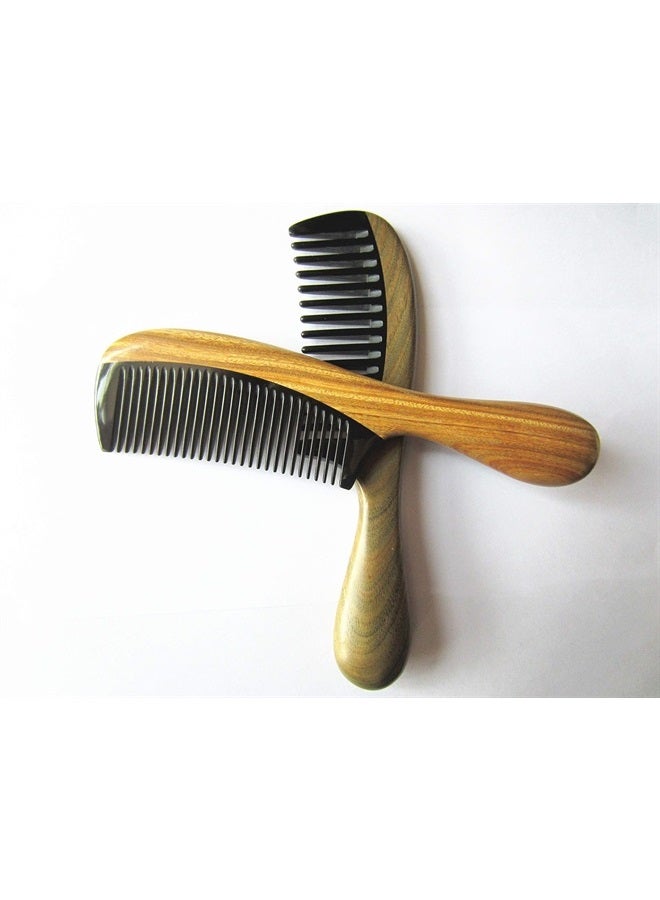 Myhsmooth GBZBYBMT Handmade No Static Black Buffalo Horn Comb with Rounded Green Sandalwood Handle (Pack of 2 Pcs:Wide Tooth and Standard Tooth) - Image 4