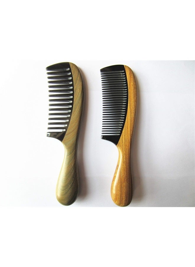 Myhsmooth GBZBYBMT Handmade No Static Black Buffalo Horn Comb with Rounded Green Sandalwood Handle (Pack of 2 Pcs:Wide Tooth and Standard Tooth) - Image 3