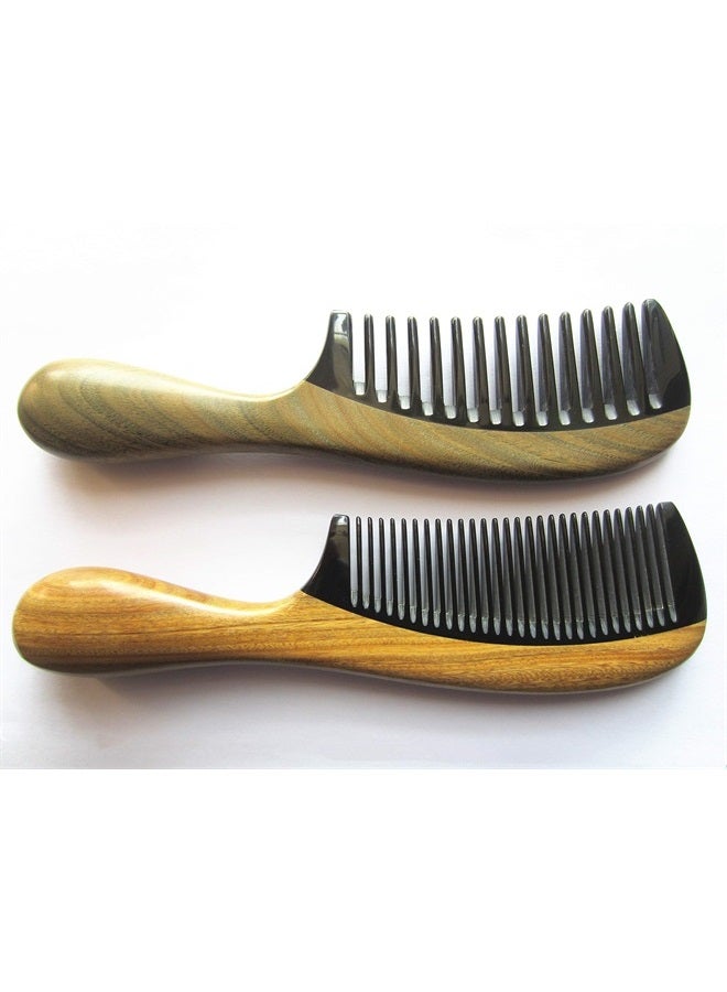 Myhsmooth GBZBYBMT Handmade No Static Black Buffalo Horn Comb with Rounded Green Sandalwood Handle (Pack of 2 Pcs:Wide Tooth and Standard Tooth) - Image 2
