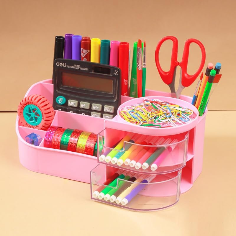 Anshri Desk Makeup Brush Organizers Box and Makeup Organizers for Desk Desktop Storage Stationery Supplies Cute Pencil Cup Pot for Office School Home Makeup Storage Box (Pink) - Image 2