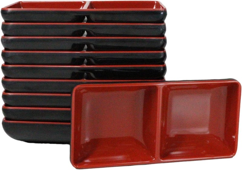 Ebros Gift Contemporary Traditional Red Black Melamine Series Dinnerware Kitchenware Set Asian Japanese Chinese Restaurant Supply Pack Of 10 Sauce Or Condiment Rectangular 2 Partition Dishes 575L - Image 1