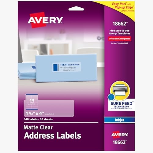Avery Printable Address Labels, Sure Feed Technology, 1-1/3" x 4", Matte Clear, Permanent Adhesive, Inkjet Printable, 140 Blank Mailing Labels, Great Product Merchandising, Jars, and More (18662) - Image 1
