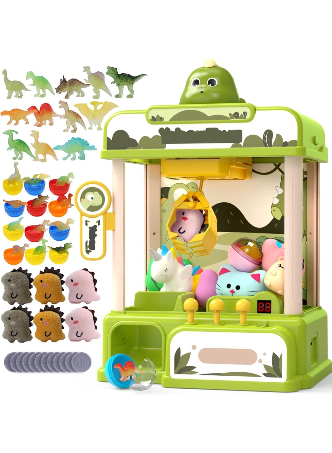 Skirfy Dinosaur Claw Machines,Electronic Arcade Game Vending Machine with Adjustable Sound& 32Pcs Mini Prizes,Candy Grabber Prize Dispenser Toys for Boys Girls,Birthday Toy Gifts for Kids