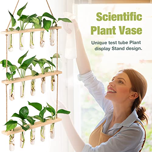XXXFLOWER Wall Hanging Propagation Station with Wooden Stand 5 Glass Test Tubes 3 Tiered Planters Wall Terrarium for Home Office Plant Hanger Flower Vases Wall Decor Hydroponic Cuttings - Image 5
