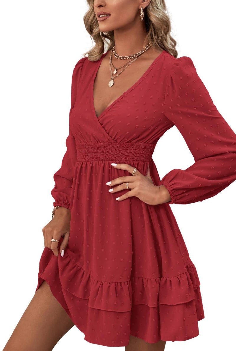 Rooscier Women's Wrap V Neck Swiss Dots Swing Ruffle Long Sleeve Mini Dress Plain Wine Red Small - Image 4