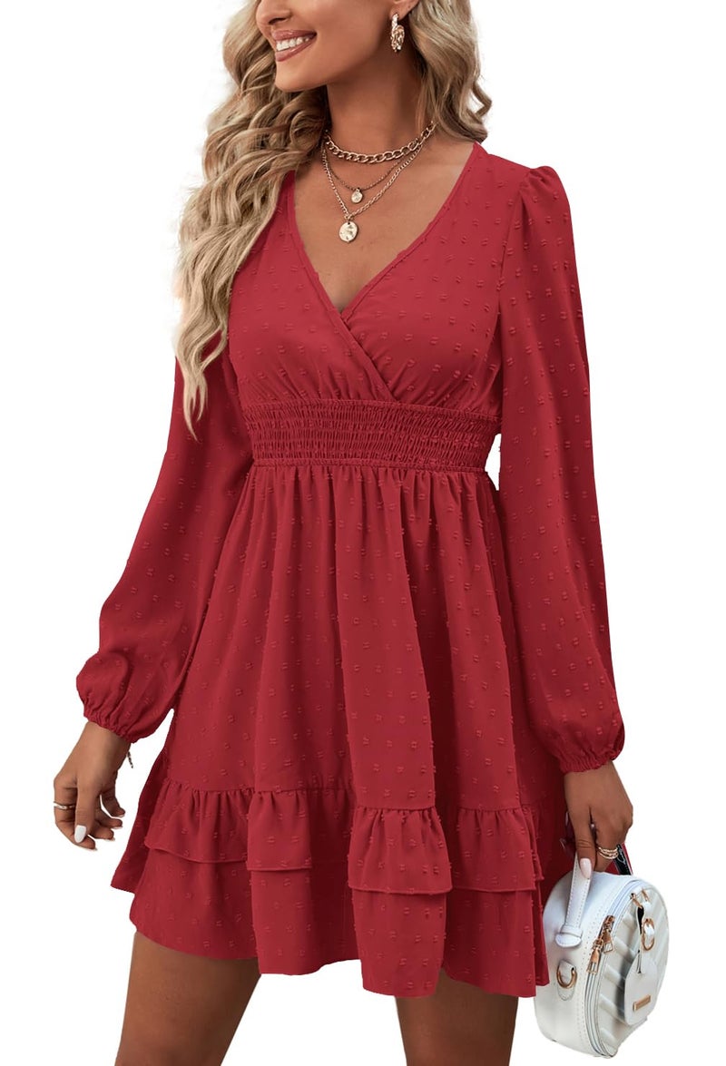 Rooscier Women's Wrap V Neck Swiss Dots Swing Ruffle Long Sleeve Mini Dress Plain Wine Red Small - Image 1
