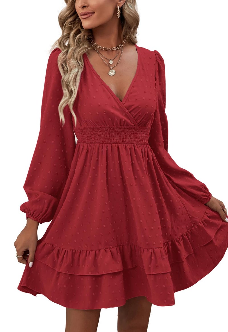 Rooscier Women's Wrap V Neck Swiss Dots Swing Ruffle Long Sleeve Mini Dress Plain Wine Red Small - Image 5