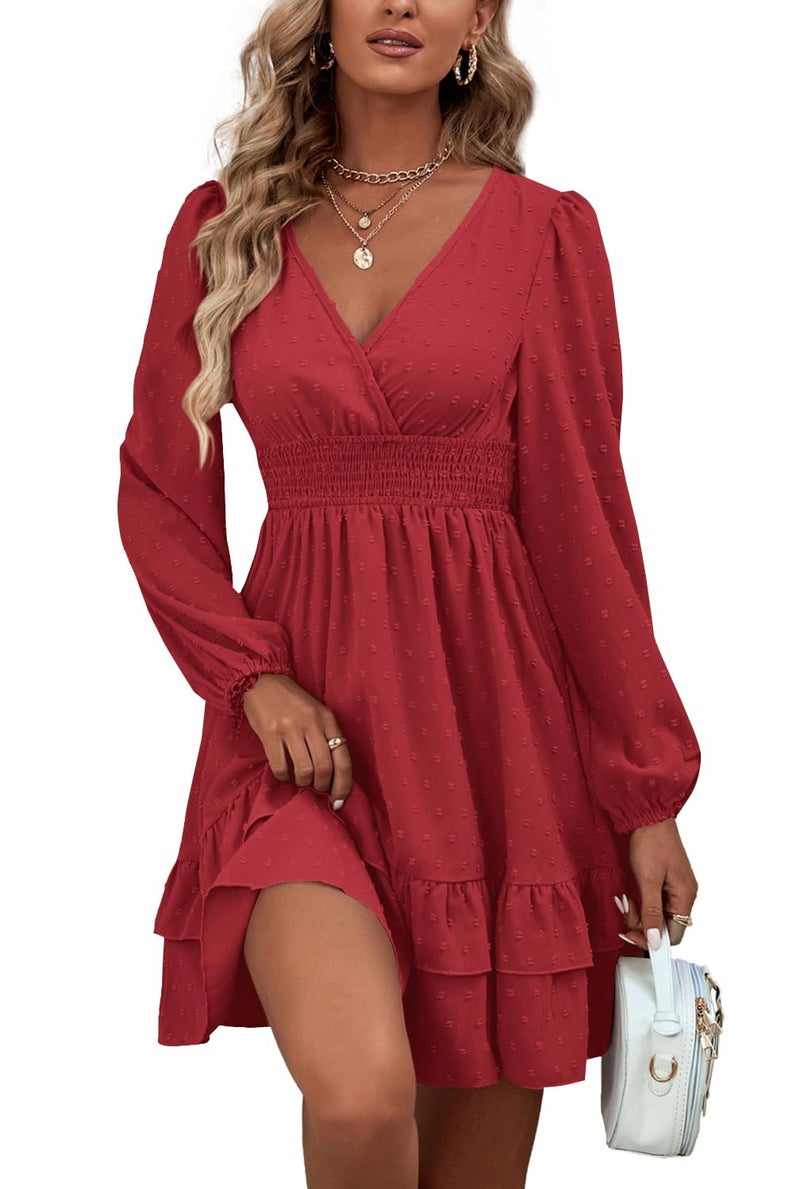 Rooscier Women's Wrap V Neck Swiss Dots Swing Ruffle Long Sleeve Mini Dress Plain Wine Red Small - Image 3