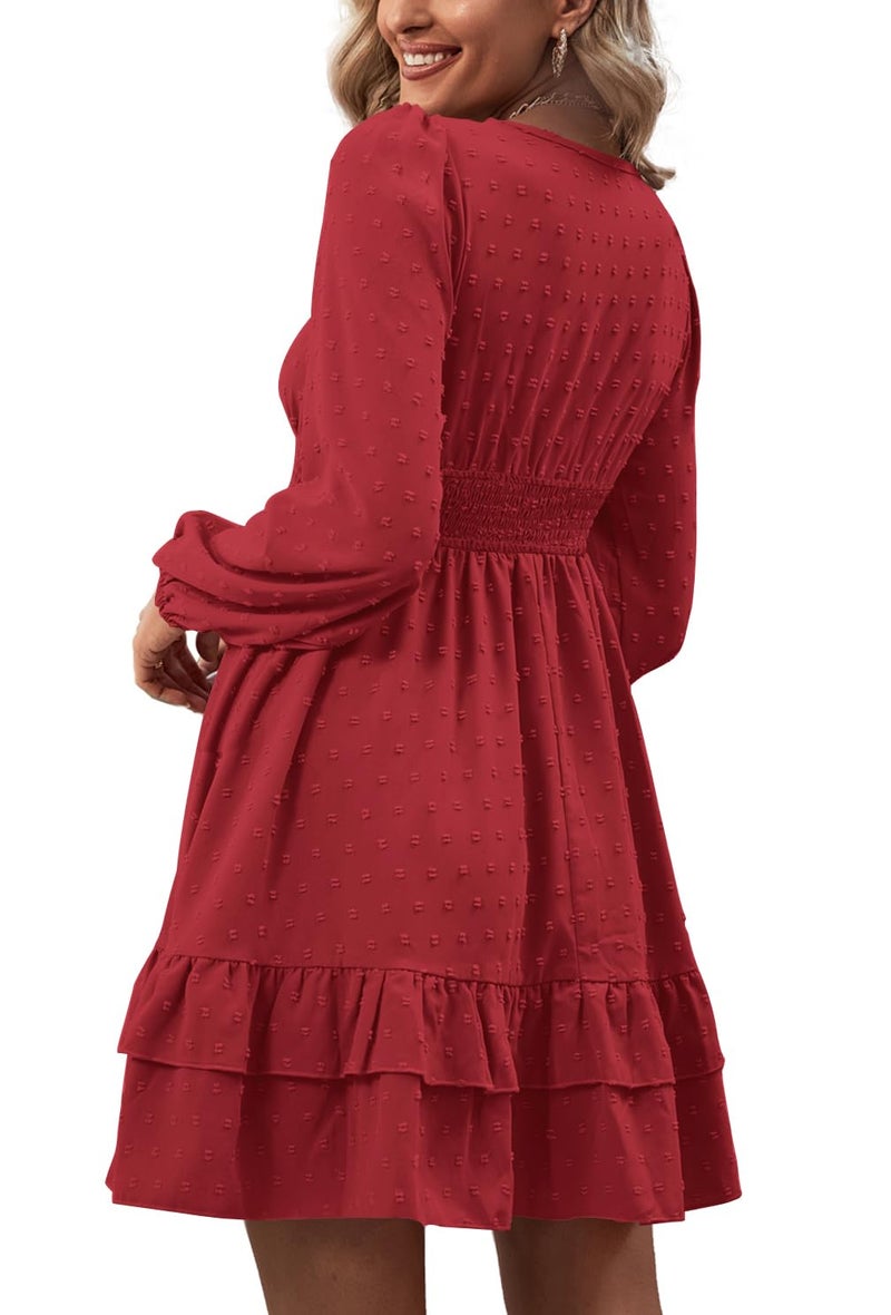 Rooscier Women's Wrap V Neck Swiss Dots Swing Ruffle Long Sleeve Mini Dress Plain Wine Red Small - Image 2