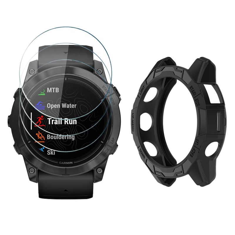 SHUAXI حماية شاشة الساعة (3+1 عبوة) متوافقة مع Garmin Epix pro 51MM / Fenix 7X، فيلم زجاجي مقسى مضاد للخدش عالي الدقة تغطية كاملة وحافظة واقية من TPU الناعم - Image 1