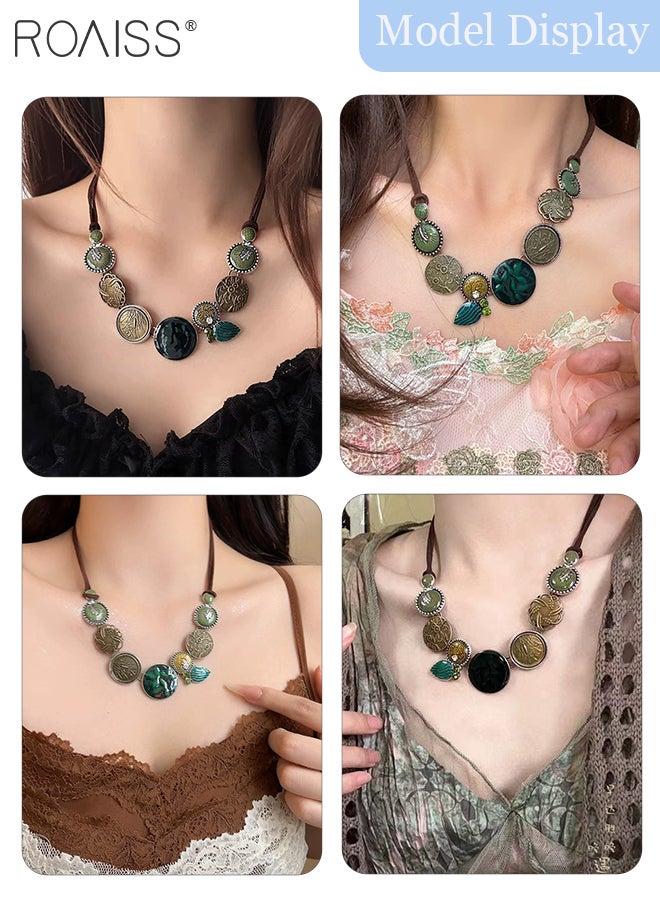 رويس قلادة نسائية بوهيمية عتيقة، قلادة على شكل قرص أخضر منحوت على شكل ترقوة، إكسسوارات فاخرة خفيفة على الطراز العرقي مناسبة للارتداء اليومي في المهرجانات النسائية، إكسسوارات فريدة - Image 5