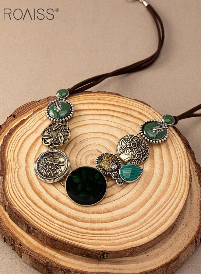 رويس قلادة نسائية بوهيمية عتيقة، قلادة على شكل قرص أخضر منحوت على شكل ترقوة، إكسسوارات فاخرة خفيفة على الطراز العرقي مناسبة للارتداء اليومي في المهرجانات النسائية، إكسسوارات فريدة - Image 3