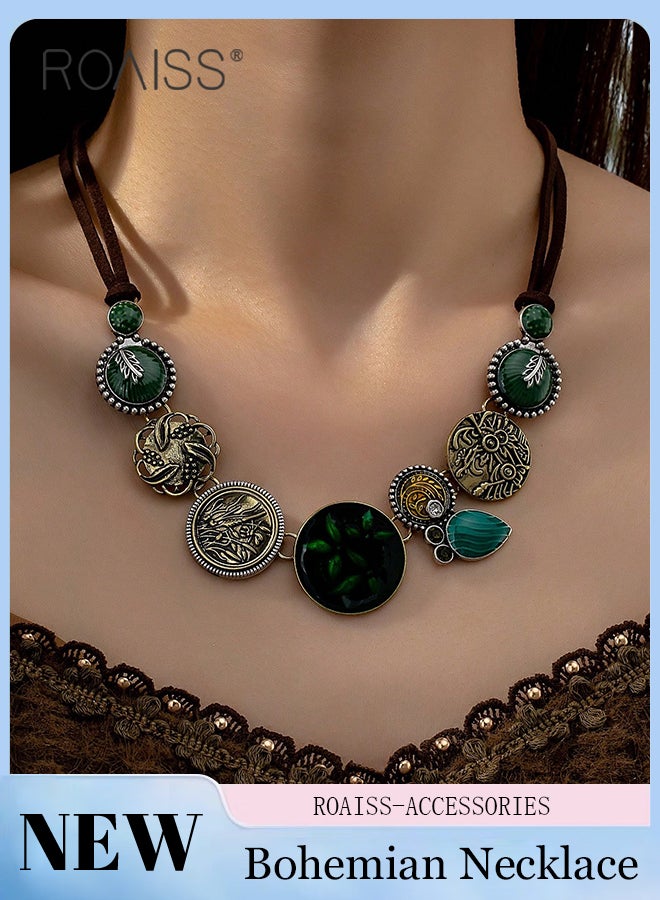 رويس قلادة نسائية بوهيمية عتيقة، قلادة على شكل قرص أخضر منحوت على شكل ترقوة، إكسسوارات فاخرة خفيفة على الطراز العرقي مناسبة للارتداء اليومي في المهرجانات النسائية، إكسسوارات فريدة - Image 1