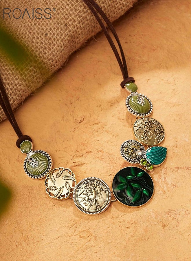 رويس قلادة نسائية بوهيمية عتيقة، قلادة على شكل قرص أخضر منحوت على شكل ترقوة، إكسسوارات فاخرة خفيفة على الطراز العرقي مناسبة للارتداء اليومي في المهرجانات النسائية، إكسسوارات فريدة - Image 2