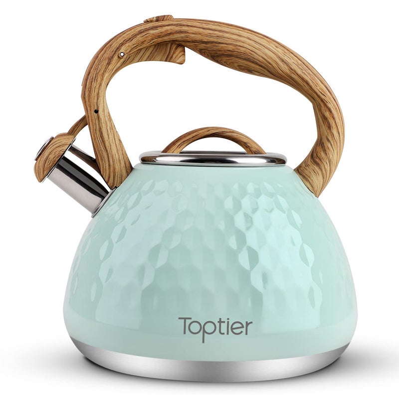 toptier Tea Kettle, Toptier Teapot Whistling Kettle with Wood Pattern Handle Loud Whistle, Food Grade Stainless Steel Tea Pot for Stovetops Induction Diamond Design Water Kettle, 2.7-Quart Light Green - Image 1